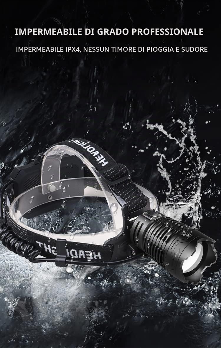 WINDFIRE Torcia frontale a LED ricaricabile USB, 500000 lumen super luminosa con 4 modalità e lampada frontale impermeabile IPX6, torcia frontale regolabile a 90° per campeggio all'aperto,ciclismo