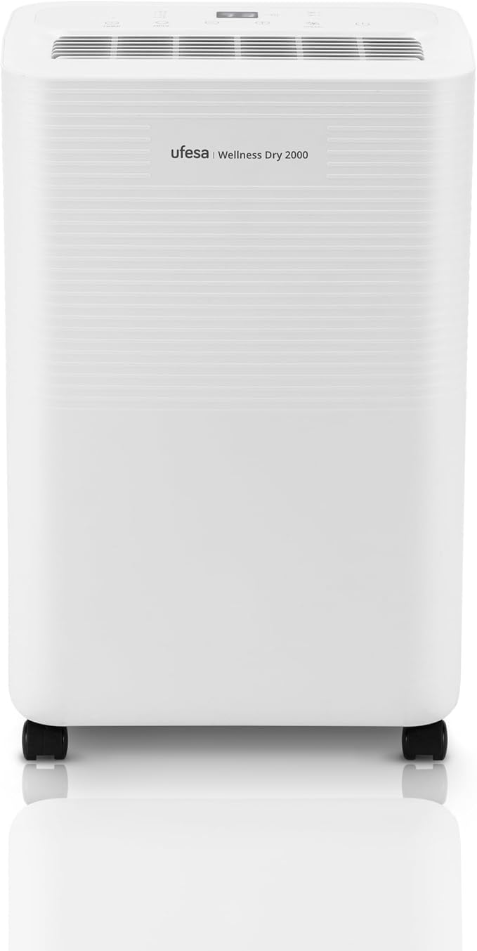 Ufesa Wellness Dry 2000 Deshumidificador 280W, 12L/24h, Silencioso 47dB con Panel Intuitivo, Función Secado Ropa, Sensor de Humedad, 2L capacidad, 2 Velocidades, Temporizador, Hasta 40m2