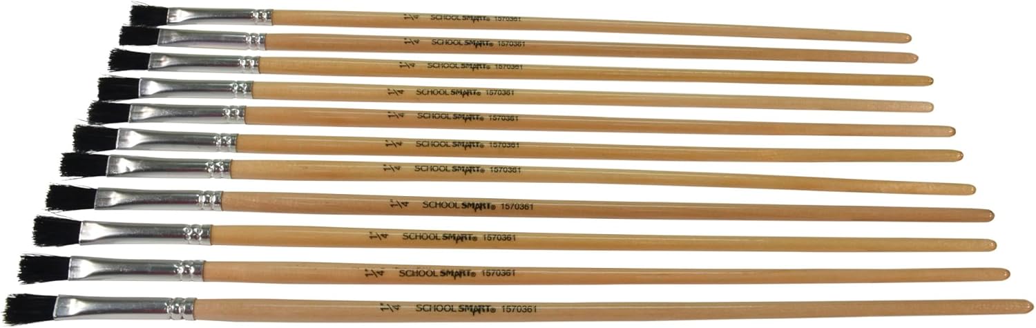 School Smart Black Bristle Long Handle Flat Paint Brush, 1/4 Inch, Pack of 12