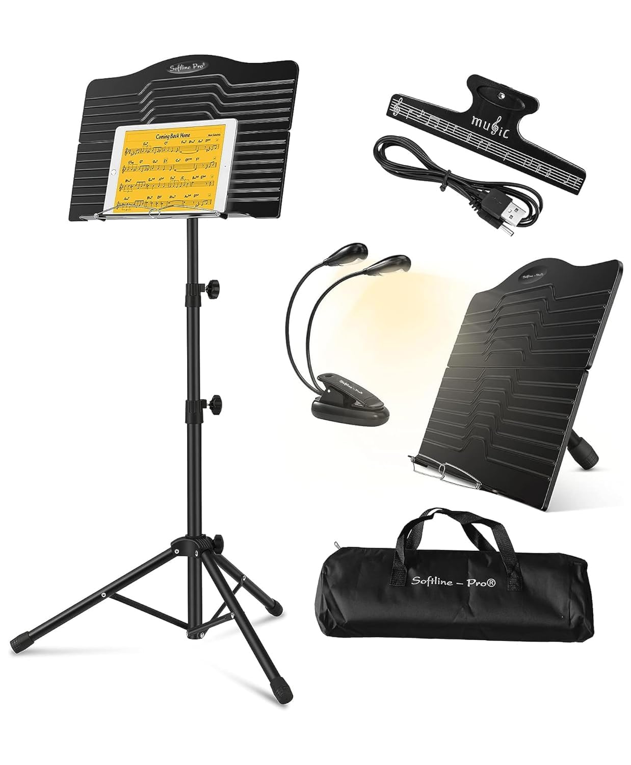 Softline Pro Music Stand, Portable & Foldable Professional Notation Stand with Light and Bag, Tabletop Music Book Stand for Guitar, Ukulele, Violin Players (SP-ABSP-FMUS-KIT)