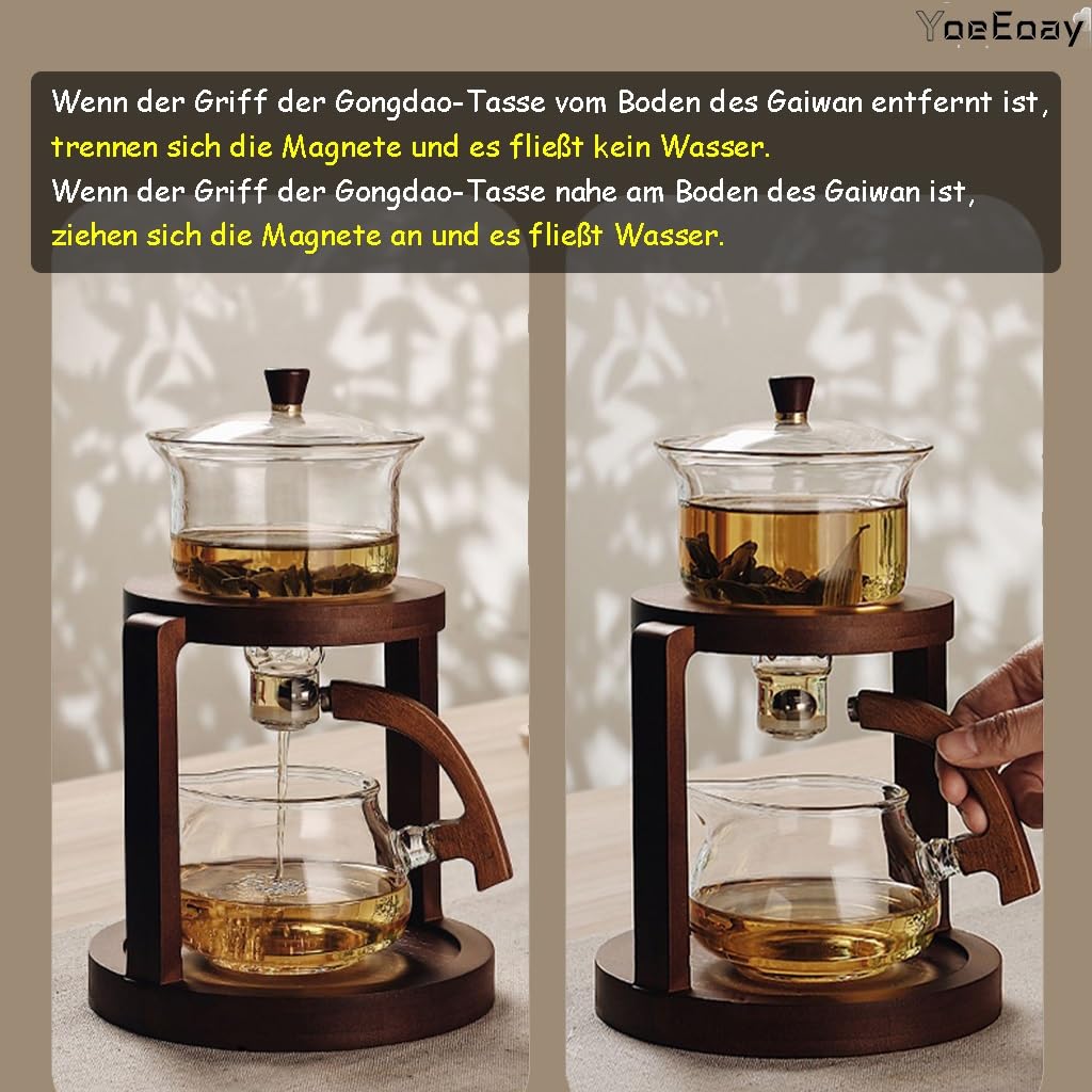 Hochwertig Lazy Tea Set Vintage Teekanne Holzsockel Hitzebeständiges Glas - Teeset, Magnetische Wasserumleitung, Halbautomatisches Teeset Ideal Für Grüntee, Kräutertee Und Tee (Durchscheinend)