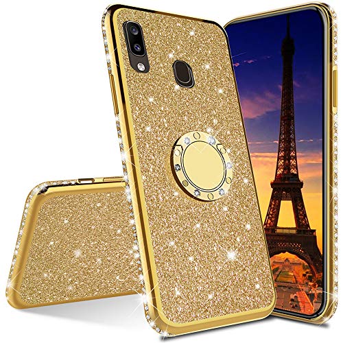 LEECOCO Galaxy A20S Case Glitter Bling Diamond Sparkly Luxury Plating Silicon TPU Soft Shockproof Cover with Ring Stand Holder Compatible for Samsung Galaxy A20S Plating TPU Gold KDL