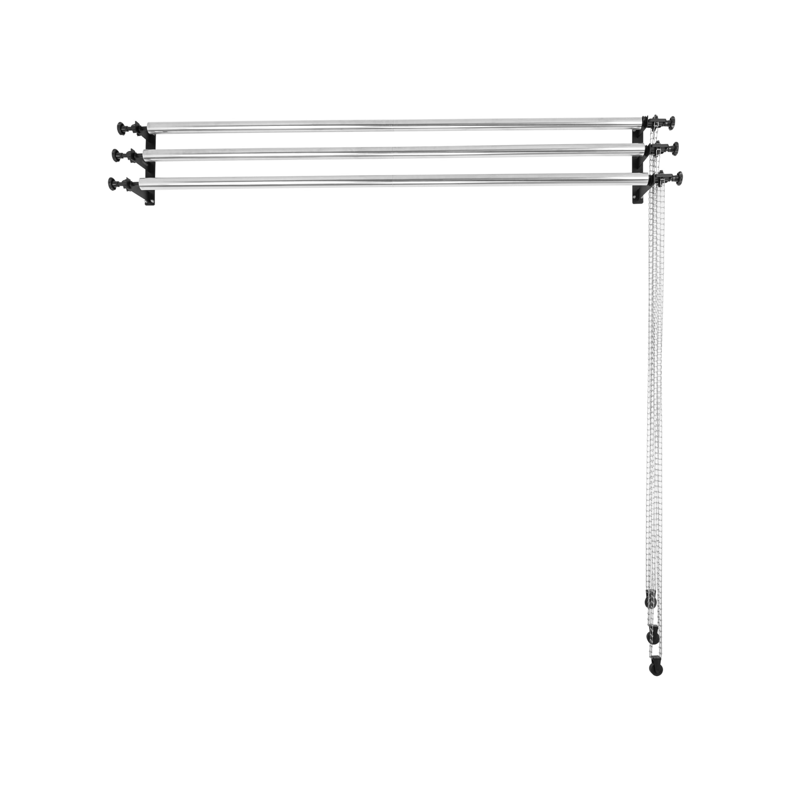 Sistema de soporte de rodillo para telón de fondo de fotografía, 3 rodillos con cadenas de metal, barras transversales de acero inoxidable de 118 pulgadas, soporte de fondo, soporte de pared