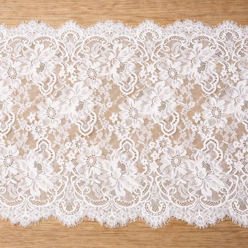 3 Yards White Lace Fabric 20-Inch Wide Floral Eyelash Lace for Bridal Wedding Decor Tablecloth Overlay French Style Polyester Lace for Sewing DIY Crafts & Party Supplies