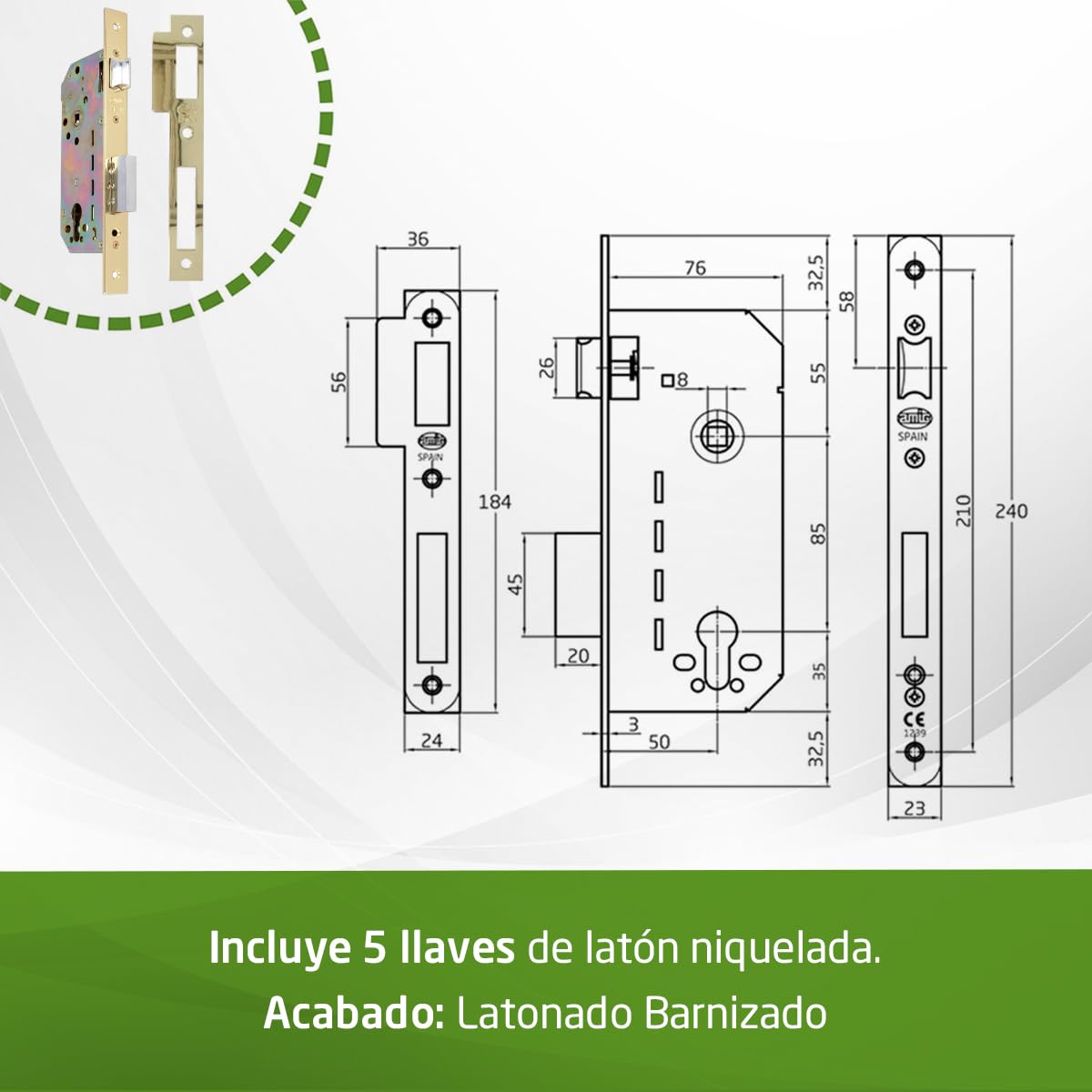 Amig - Cerradura de Embutir con Cilindro de Seguridad y Bocallave + 5 Llaves - Para Puertas de Madera de Entrada - De Acero Latonado - Picaporte Reversible - Para Manillas de 8 mm