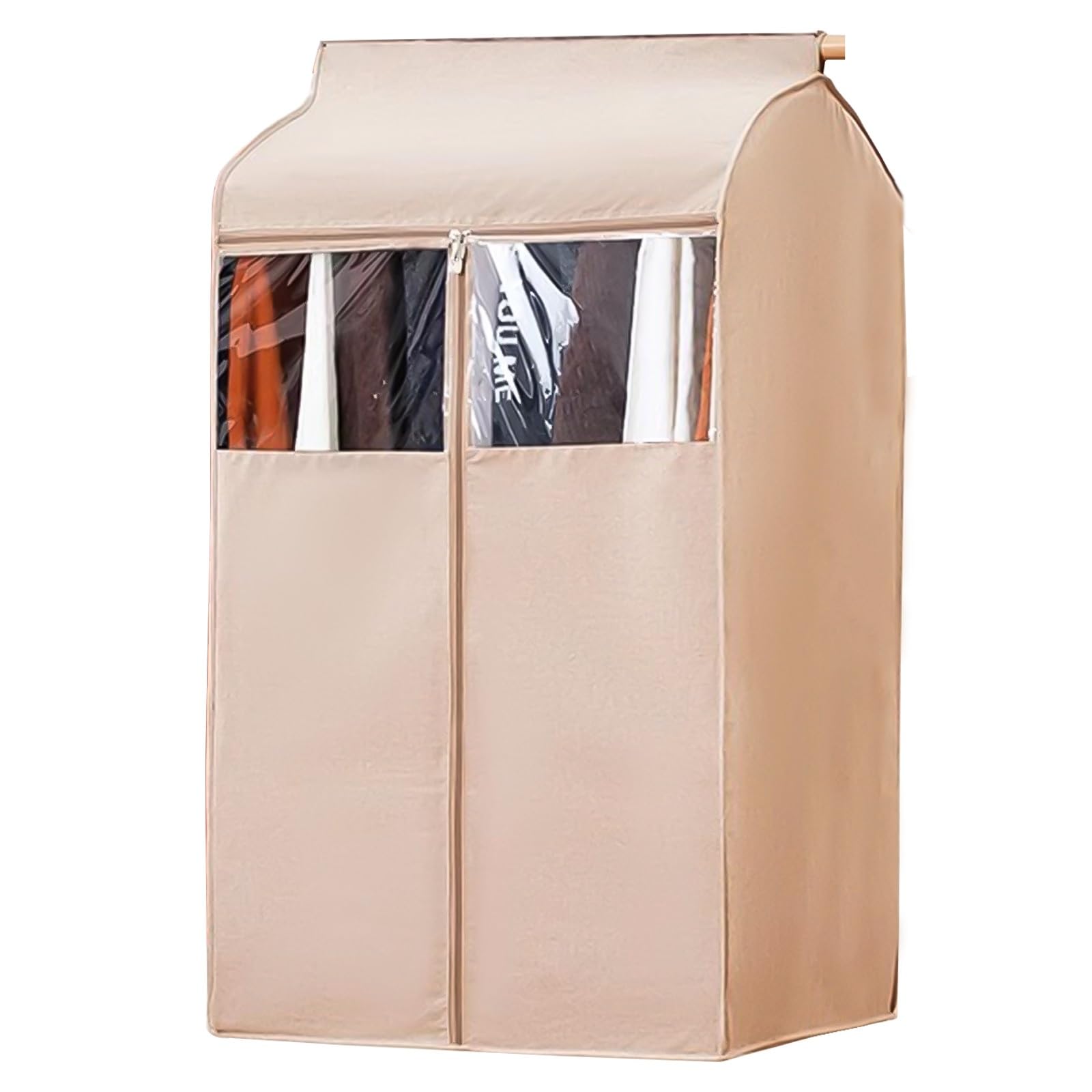 Kleidersack-Ständerabdeckung mit 3 Metallösen, zum Aufhängen von Kleidung, transparentes Fenster, Verwendung mit verschiedenen Kleiderstangen (Beige, 41 x 52 x 120 cm / 16 x 20 x 4