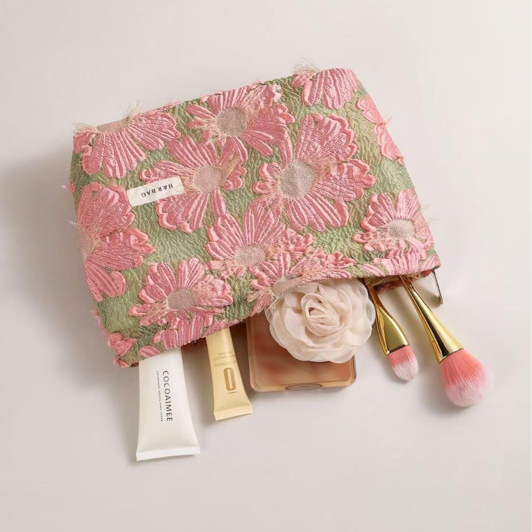 Embossed Floral Makeup Bag Large Capacity Pink Flower image 5