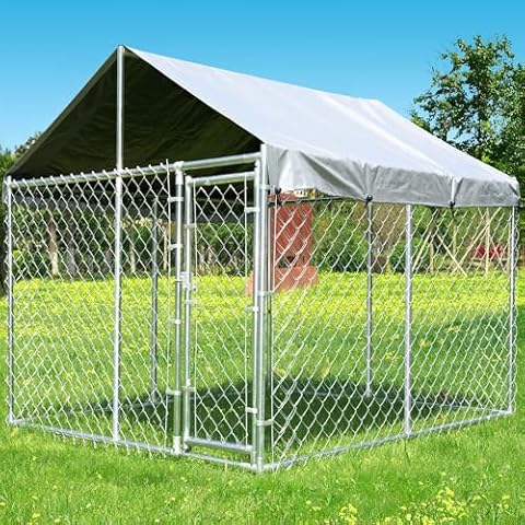 10'x10'x6.56' Large Outdoor Dog Kennel with Roof, Heavy Duty Outside Dog Run Enclosure Dog Pen House Pet Playpen with Galvanized Chain Link, Lockable Door, Waterproof Cover, for Small and Large Dogs Cover