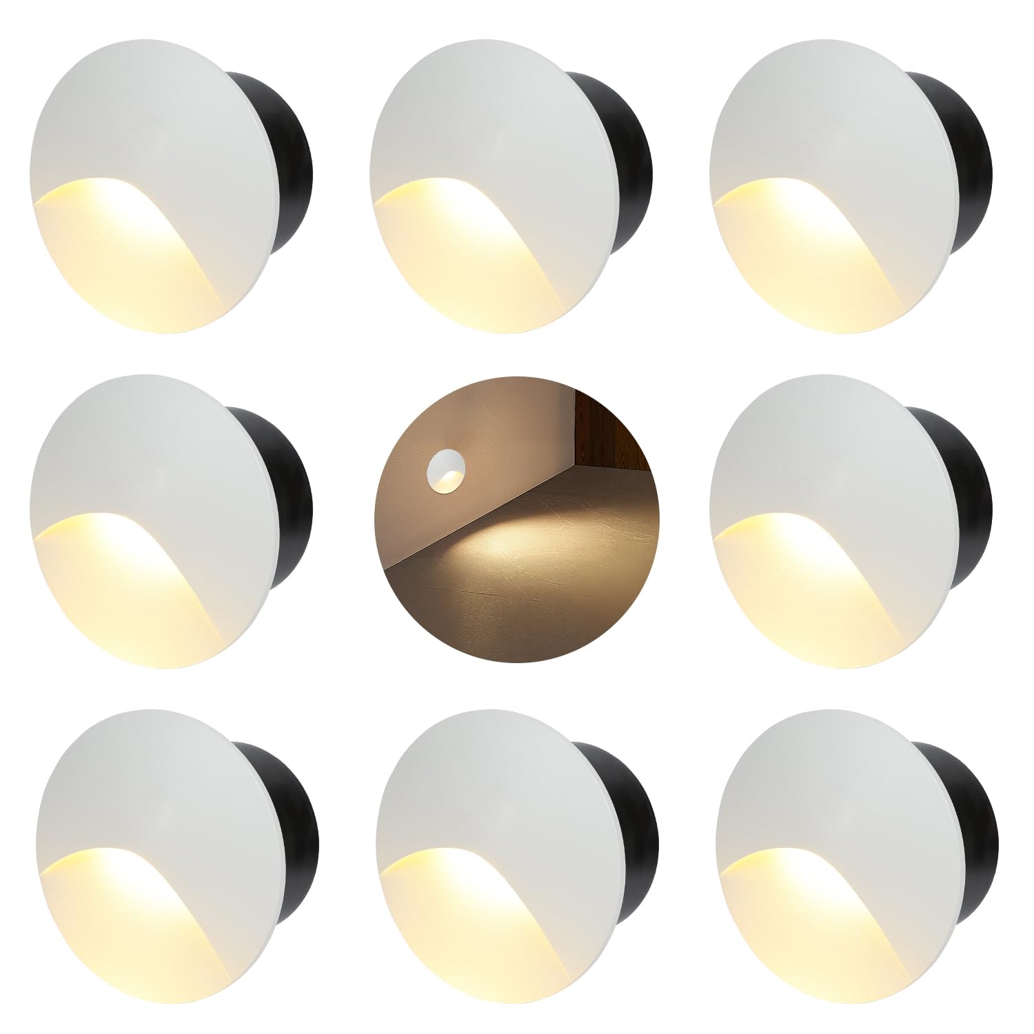 iluminacion escalera 3W Blanco cálido, Luces Empotrables luz led escaleras, 60mm, aluminio, redondas, 230V, 3W, Apliques de pared de Luces de escalera IP44, Blanco, Juego de 8 lámparas