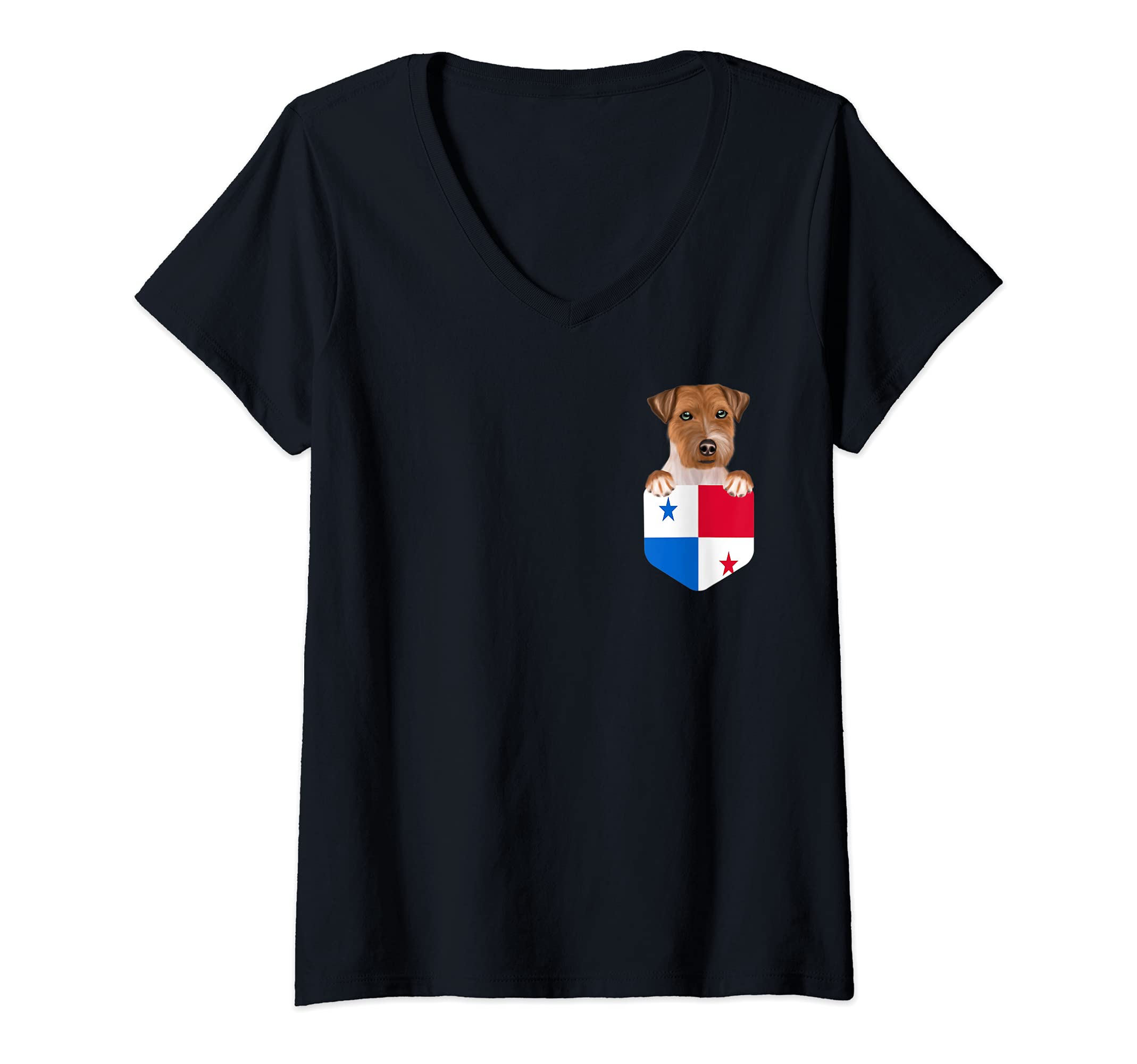 Womens Panama Flag Russell Terrier Dog In Pocket V-Neck T-Shirt, Black