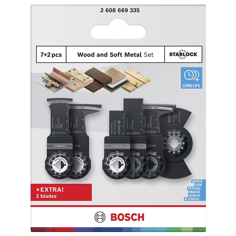 Bosch 9x Set di lame per legno e metallo tenero (per Metalli non ferrosi, Pannelli rivestiti in plastica, 134 x 104 mm, Professional Accessorio Utensile multifunzione)