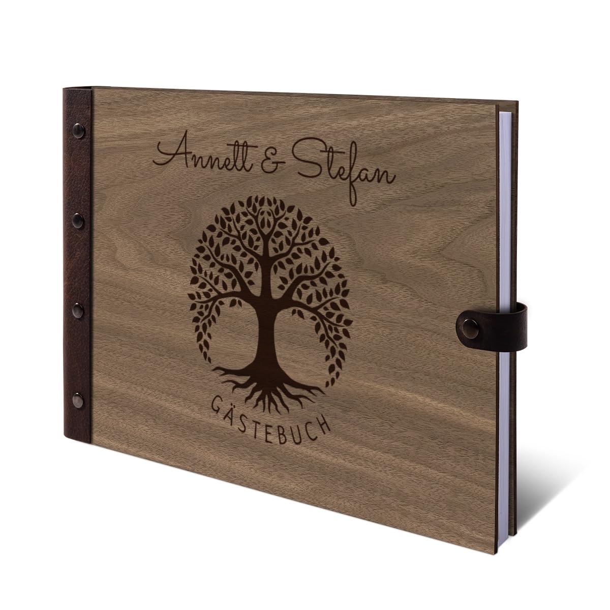Personalisiertes Hochzeit Gästebuch Nussbaum Holz Gravur individuell Holzcover mit Lederrücken 72 Blatt | 144 Seiten DIN A4 quer 302x215mm - Lebensbaum