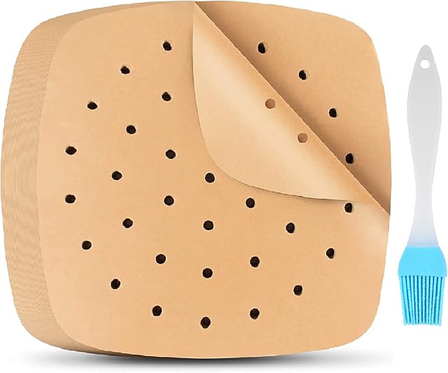 VIKKI Air Fryer Liners, 8.5 Inch Square 100 Pcs Non-Stick Parchment Paper Steamer Liners Perforated Food Grade Disposable Baking for Oven Bamboo Frying Pan (Free Oil Brush)