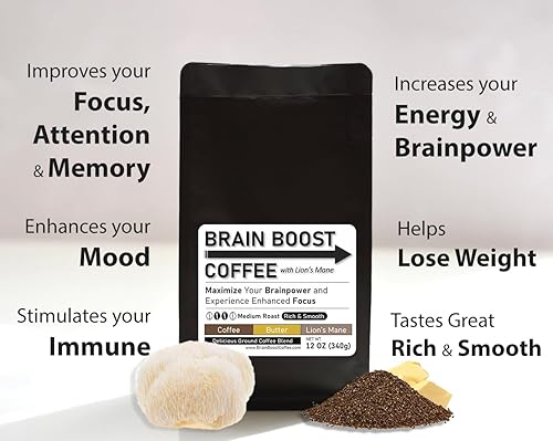 Mushroom Brain Boost Coffee con melena de león, mantequilla, MCT, café energético, adaptógeno, nootrópico, aumenta tu energía, cerebro, enfoque de Generic