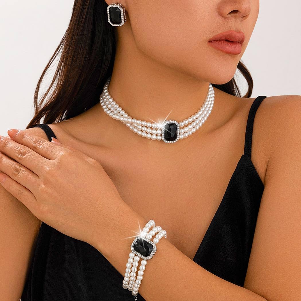 Pearl Necklace Set Rhinestone Pearl Jewelry Set-Pearl Necklace/Bracelet/Earrings 6mm Multilayer Pearl Set 1920s Crystal Wedding Set for Women - Image 4