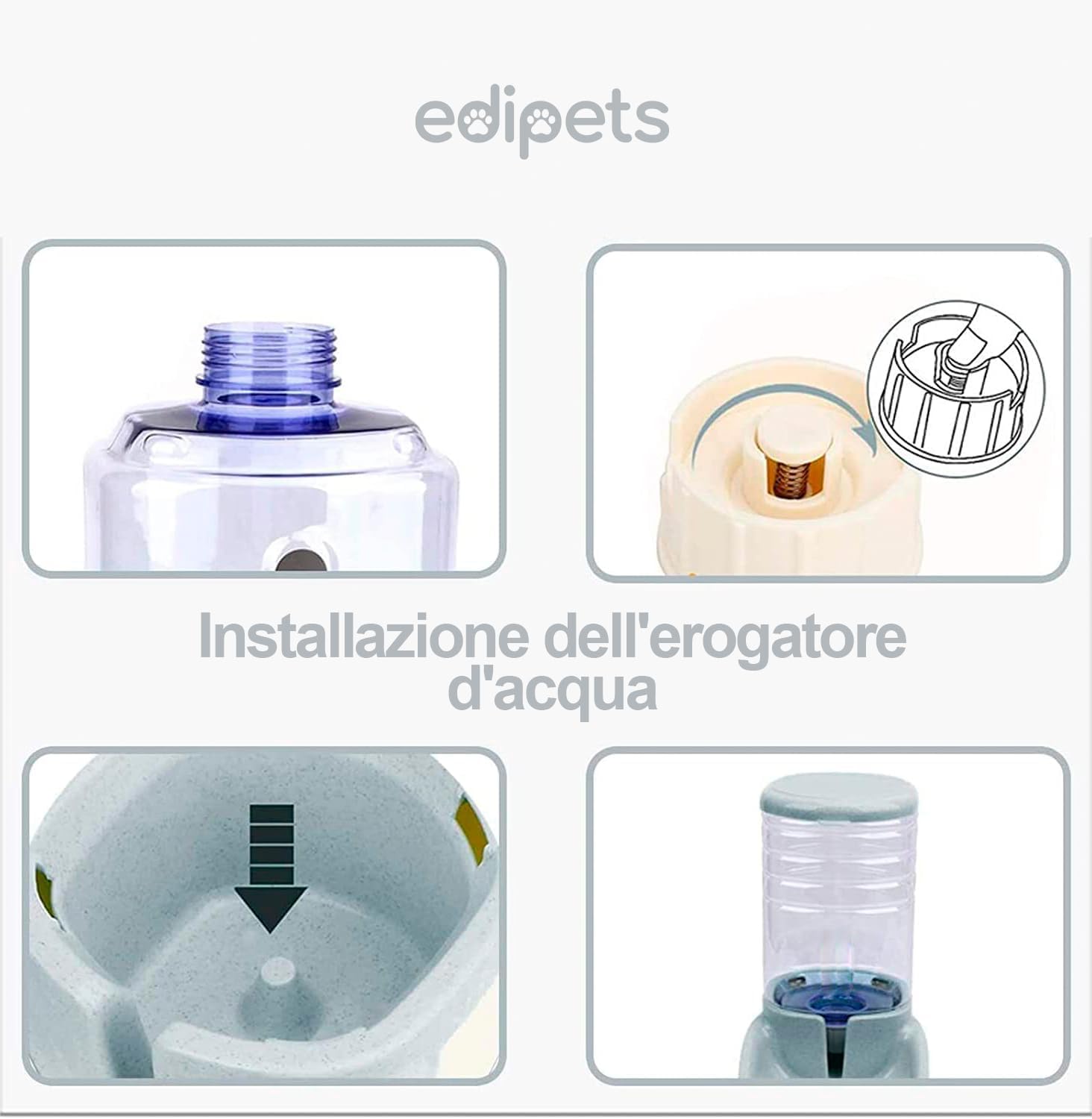 Edipets, Dispenser Cibo Gatti, Cani, Automatico, 2 Unità, 3.8L, Dispenser di Crocchette e Acqua per Animali Domestici (Grigio)