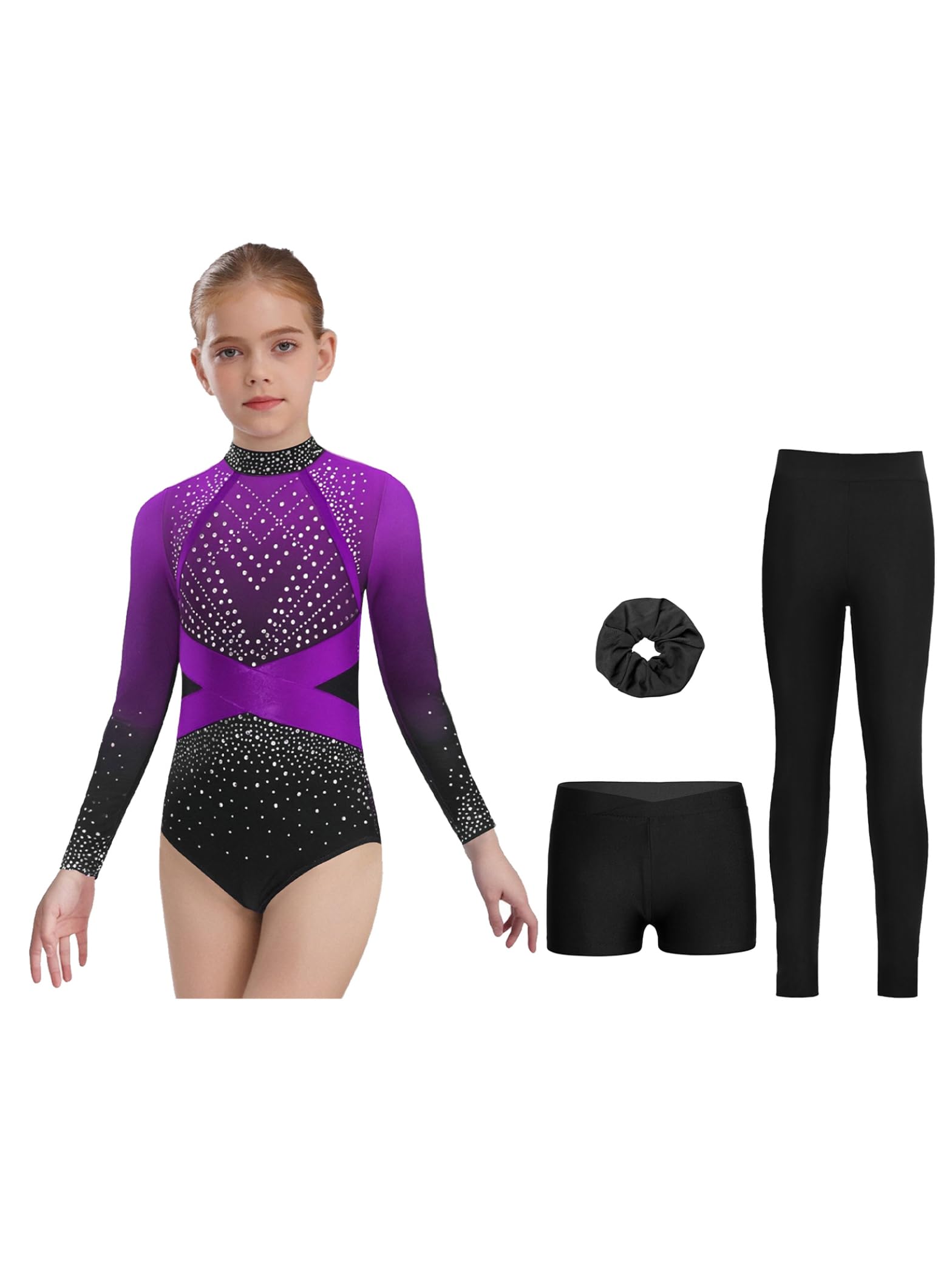 Turnanzug Set 4-teilig Mädchen Strassbody Leggings Shorts Haargummi Eiskunstlauf TanzKostüm 110-170