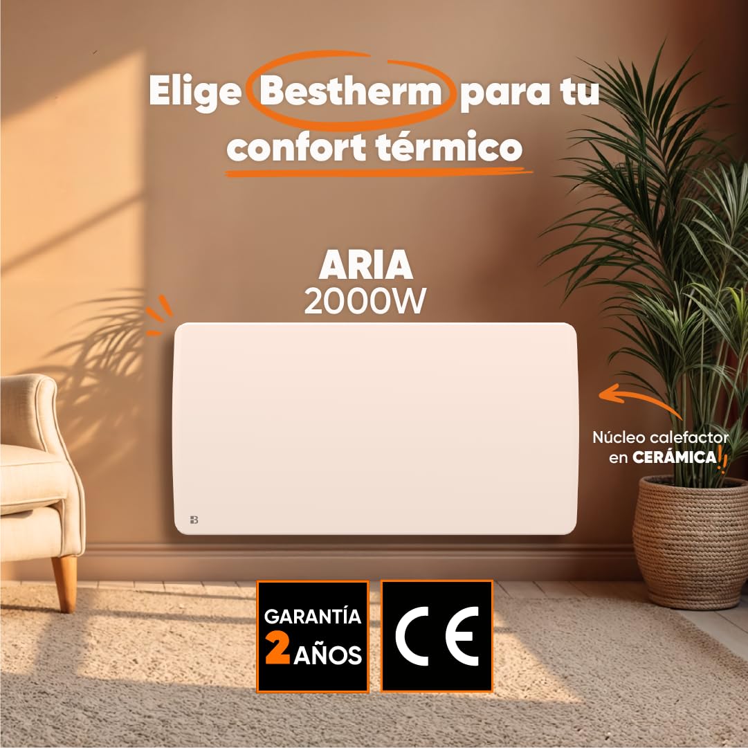 BESTHERM - Radiador eléctrico de inercia seca de cerámica fija 2000W Bestherm ARIA horizontal blanco