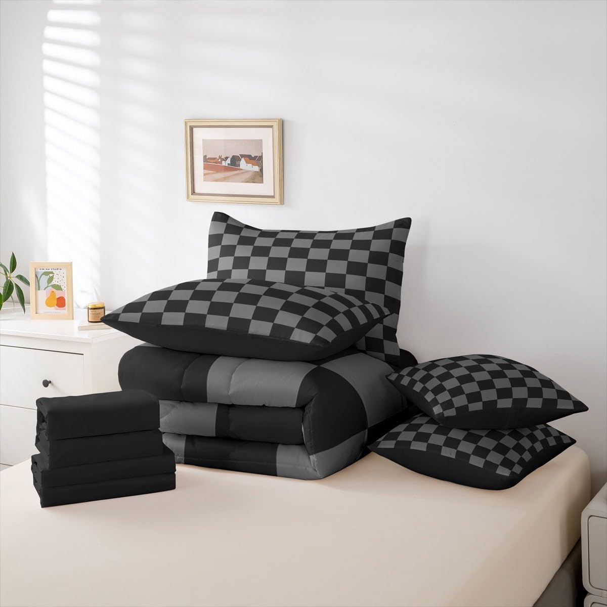 Checkered Retro Comforter Set Twin Size 7 Pieces Black Grey Plaid Bedding Set for Kids Boys Girls Geometric Vintage Bed in a Bag Modern Simple Groovy Aesthetic Bedroom Decor Quilted Lightweight