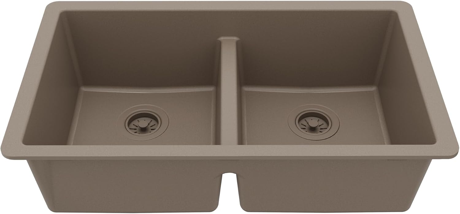 Karran 32" Quartz Composite Undermount Double Bowl Kitchen Sink with Low Divider – 50/50 Equal Bowl, 80% Natural Quartz, 535°F Heat Resistant, Sound Dampening, Concrete Color, QU-810