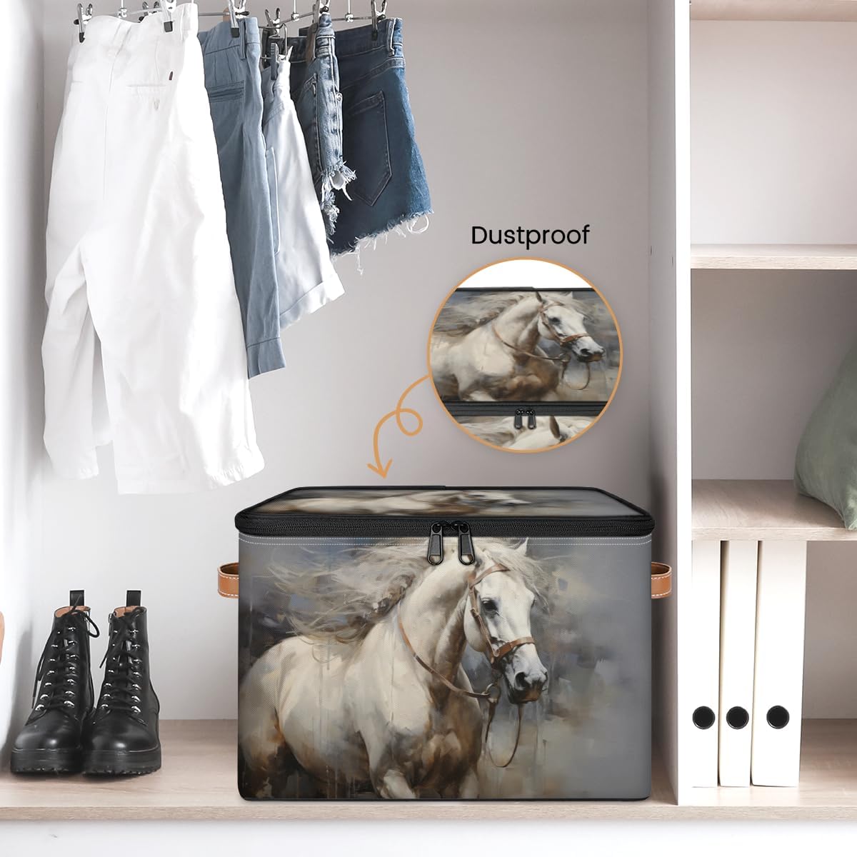 Storage Bin Set of 2 White Horse Storage Basket with Zipper Lid & Handle Foldable Closet Shelf 2 Pack Cloth Organizer Basket Cube Bins Clothes Organizer for Bedroom, Nursery