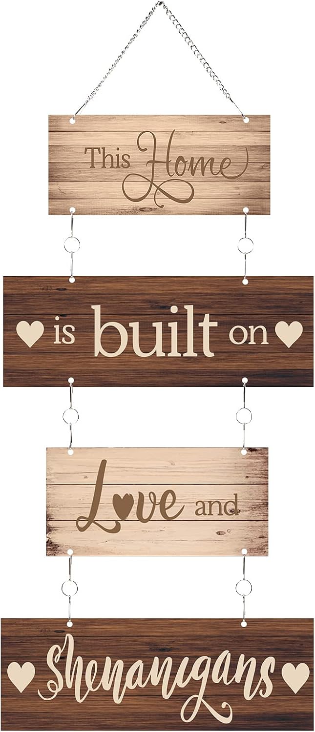 Home Sign This Home is Built on Love and Shenanigans Hanging Home Wall Sign Family Rustic Wall Decor Farmhouse Decoration for Living Room Bedroom Indoor Outdoor (Classic Colors)