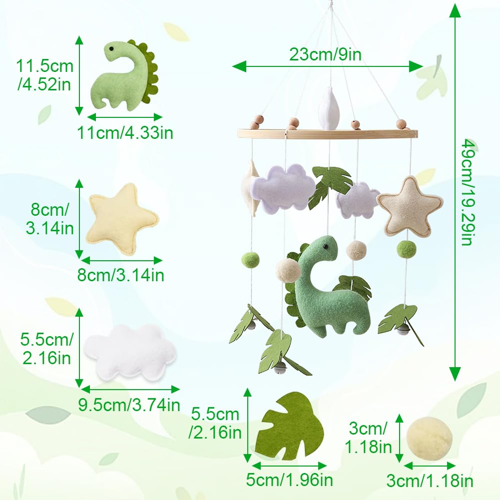 Giostrina Culla Neonato in Legno, con Feltro Dinosauri, Foglie, Nuvole e Stelle, Giostrina Neonato con Campanellino, Decorazioni per Cameretta, Regalo per Bambine o Bambini