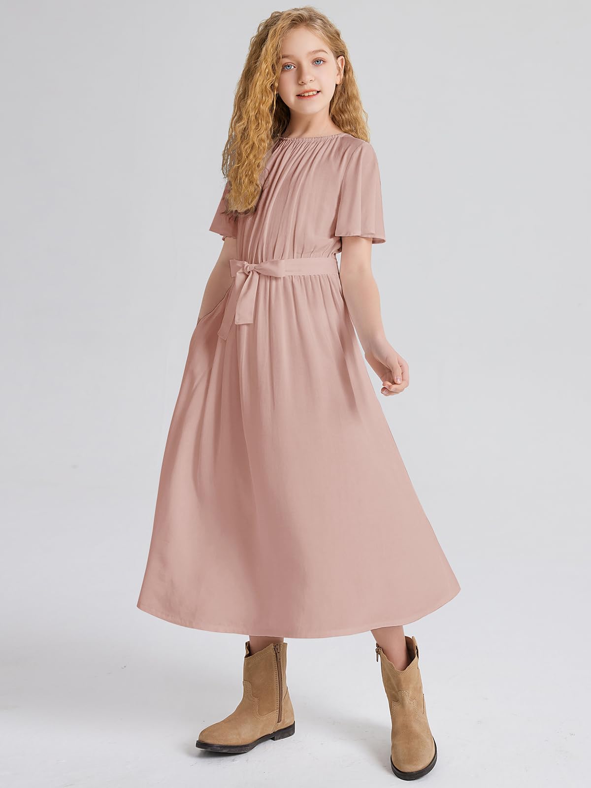 LaBeca Vestido casual con mangas de mariposa, cuello redondo, estampado floral, color liso, cintura alta, cinturón y bolsillo
