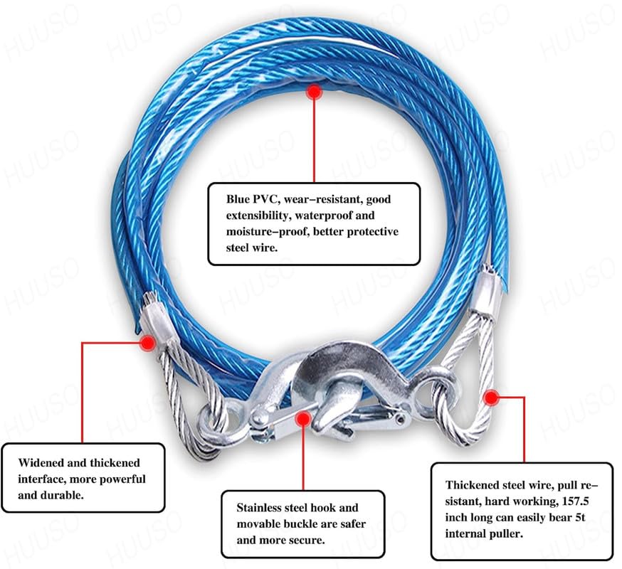 HUUSO Heavy Duty Steel Wire Tow Cable, Towing Pull Rope, Strap with Safety Hooks Durable (4 Meter, 8 mm) with 3 Ton Load Capacity Compatible with Datsun Go+ (Type-II) 2018 Onwards 1
