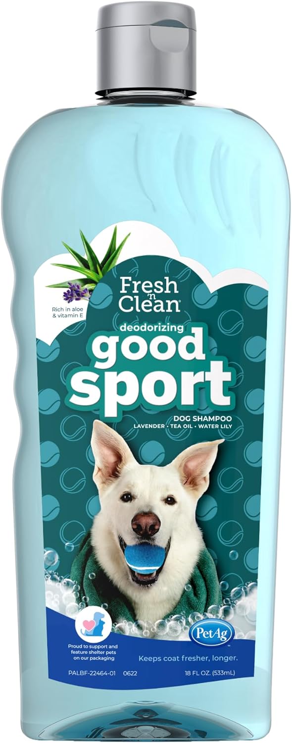 PetAg Fresh ‘n Clean Good Sport Deodorizing Shampoo for Dogs – 18 oz – Powerful, Odor-Control Formula with Aloe Vera & Vitamin E – Soap Free & Paraben Free