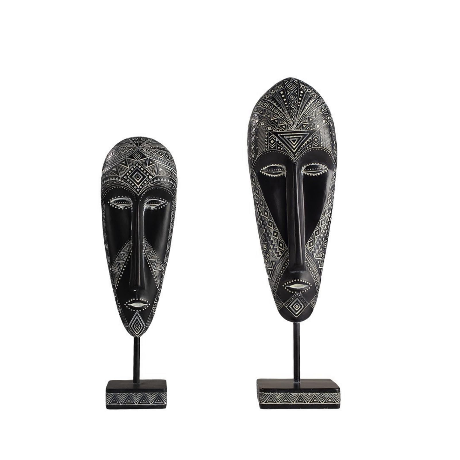 Scultura Decorativa Maschera Allungata in Resina con Disegni Geometrici E Punteggiati su Asta E Base Rettangolare Adatta per Consolle Tavolo Ingresso Ufficio Libreria