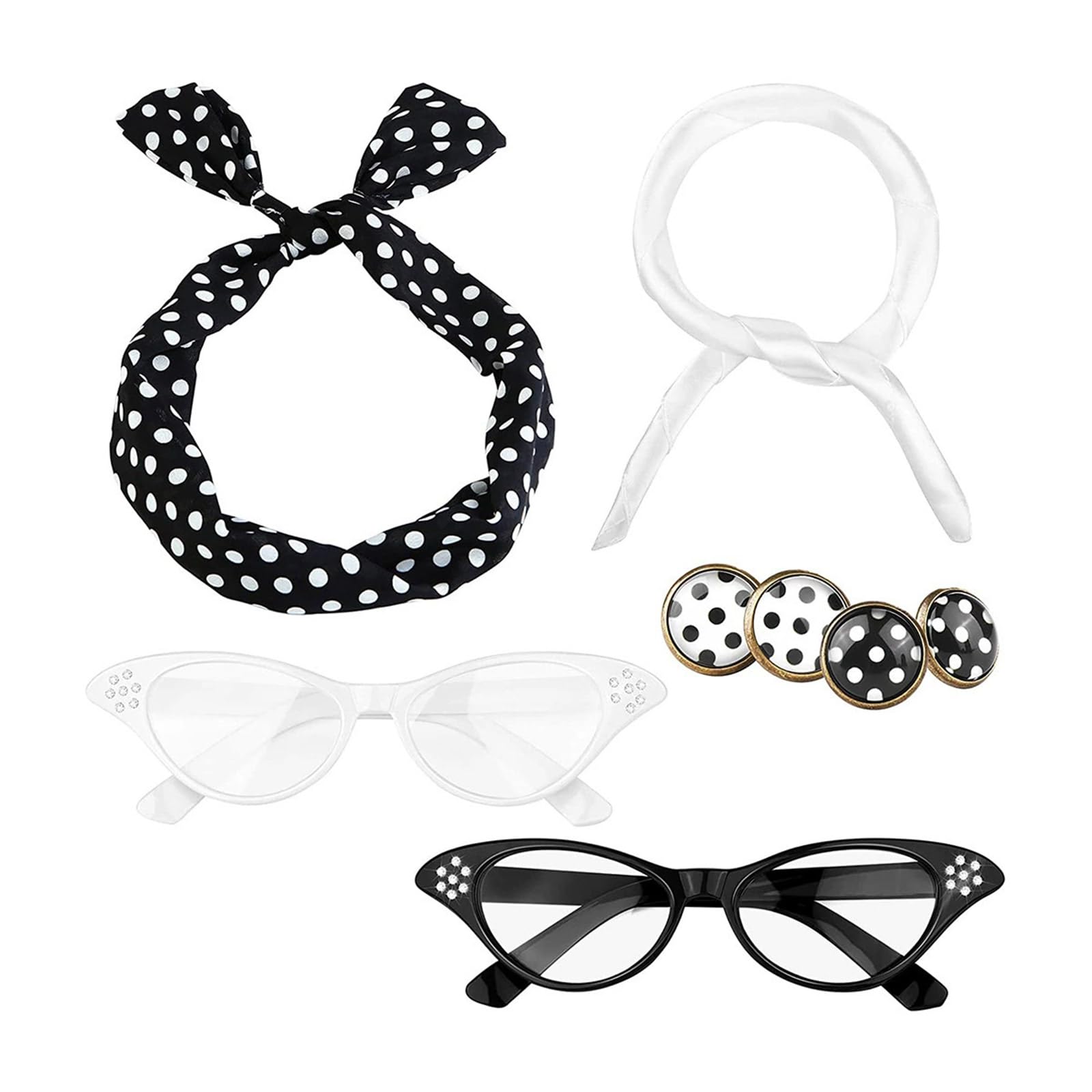 RKJRTK 50s Costume Accessories Set, Chiffons Scarf Cats Eye Glasses Bandana Headband Earrings, 1950s Outfits For Women, Chiffons Scarf Cats Eye Glasses Bandana Headband Earrings