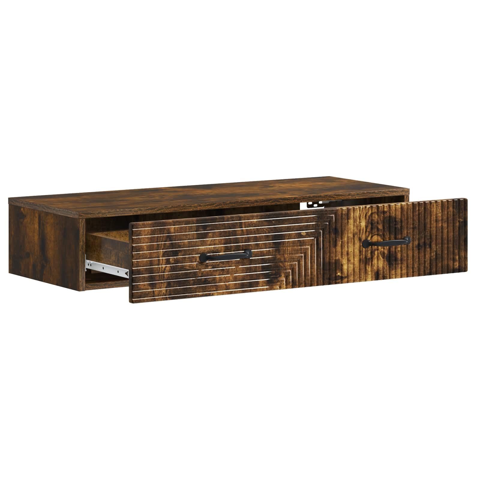 Stolik ścienny dębowy dymu 87,5 x 34,5 x 17 cm | Drewno, 1 szuflada, montaż na ścianie, wszechstronne zastosowanie do salonu, sypialni, przedpokoju