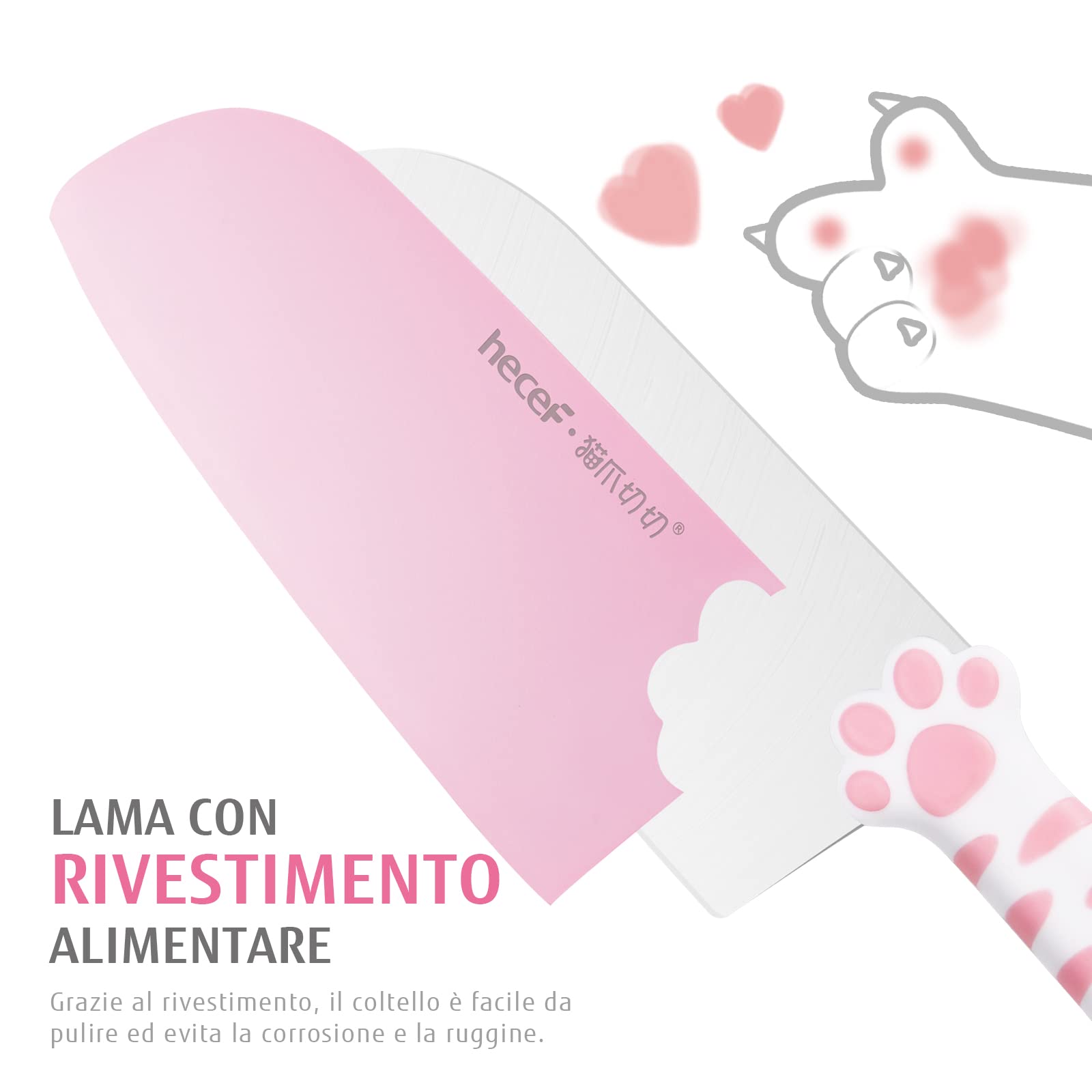 hecef Set Coltelli da Cucina Professionali 5 Pezzi Rpsa – Design Brevettato Zampa di Gatto, Lame in Acciaio Inox Antiaderente, Impugnatura Ergonomica Antiscivolo, Blocco Staccabile, Regalo Originale