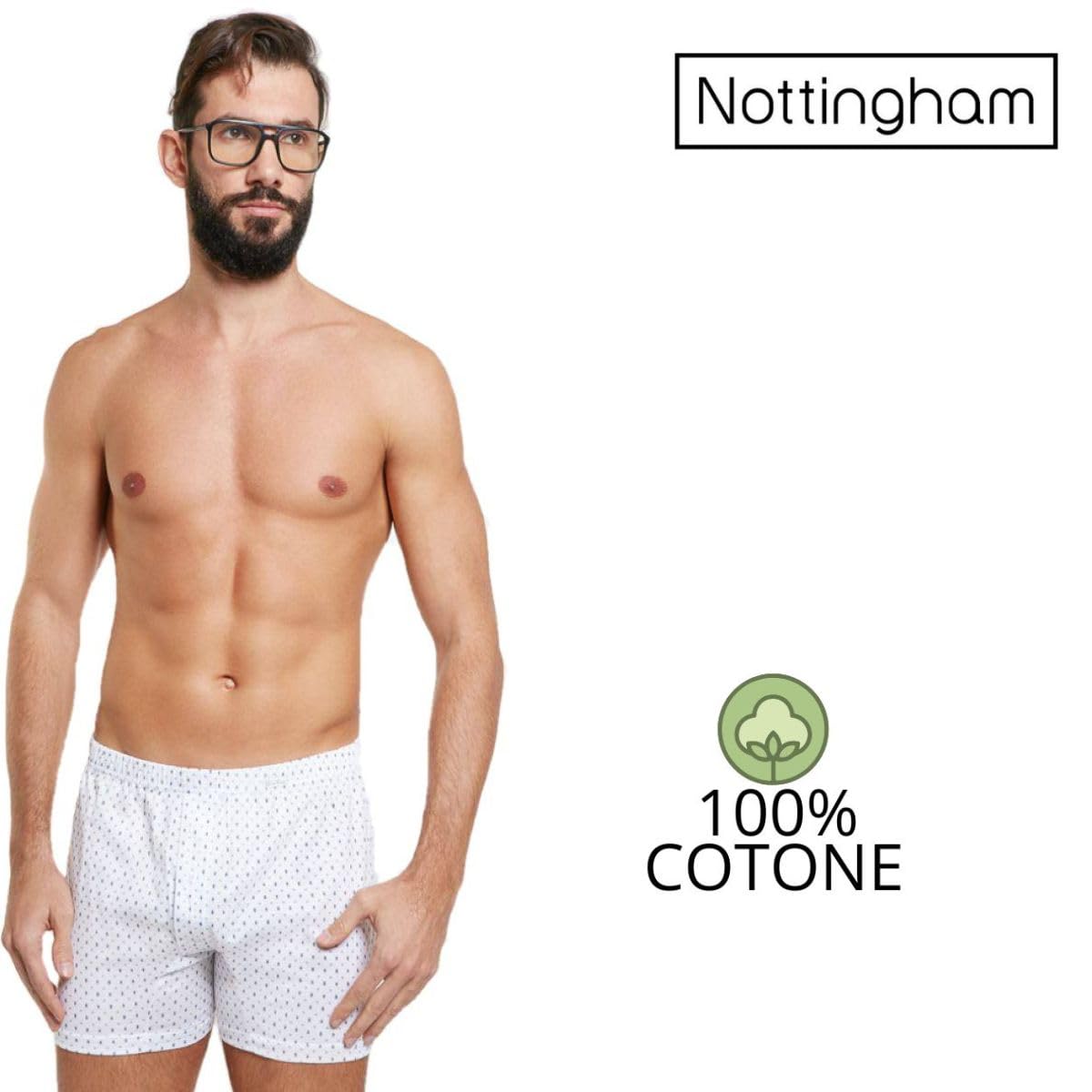 Confezione da 6 Boxer Uomo in Filo di Scozia con Apertura Anteriore, Chiusura Bottone ED Elastico Foderato. Disponibile in Fantasie assortite con Fondo Bianco o Fondo Scuro. Prodotto Made in Italy