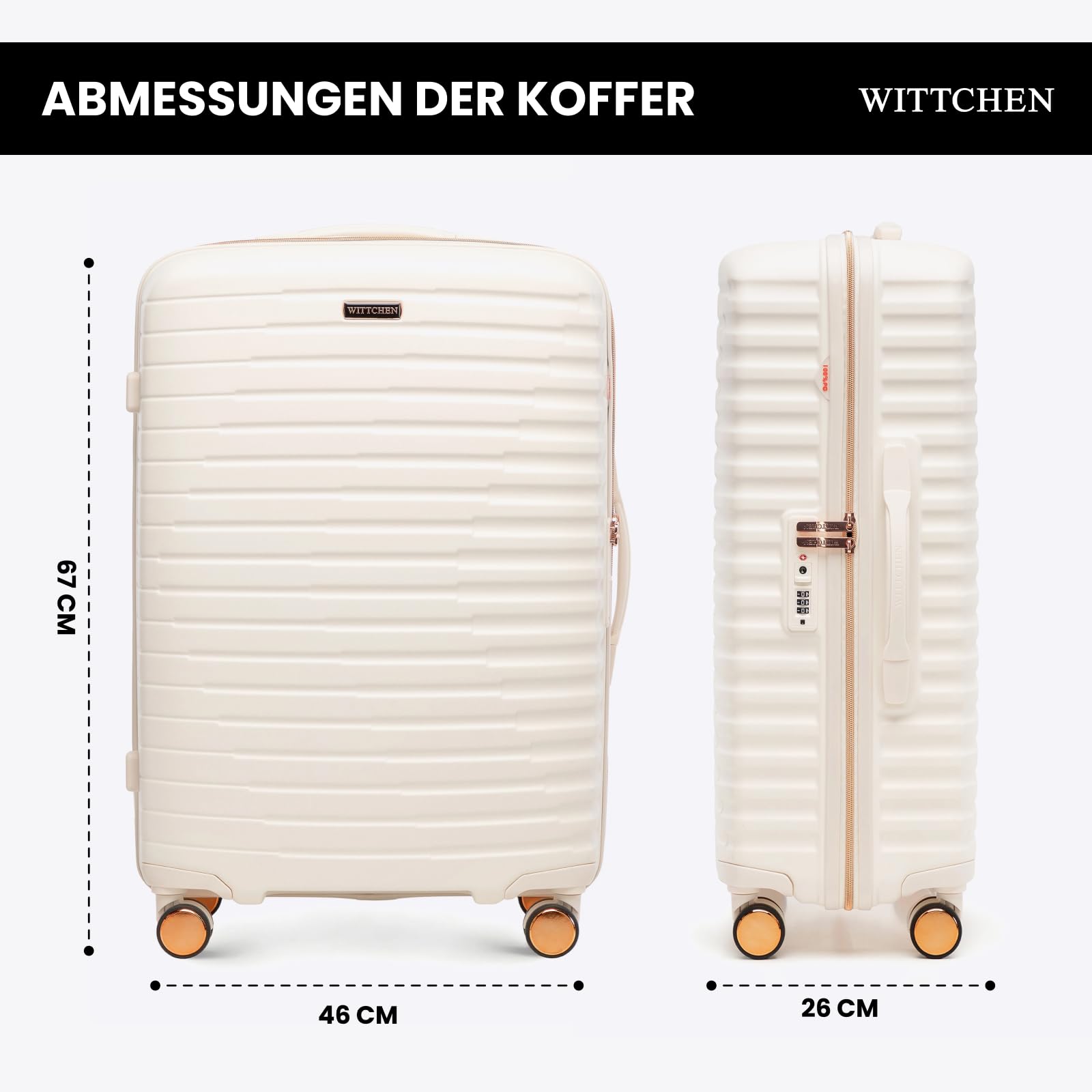 WITTCHEN Motion Line Mittelgroßer Koffer leichtes Reisegepäck Hartschale Polycarbonat TSA-Schloss Teleskopgriff 4 Doppelrollen 360° Größe L Creme-Gold