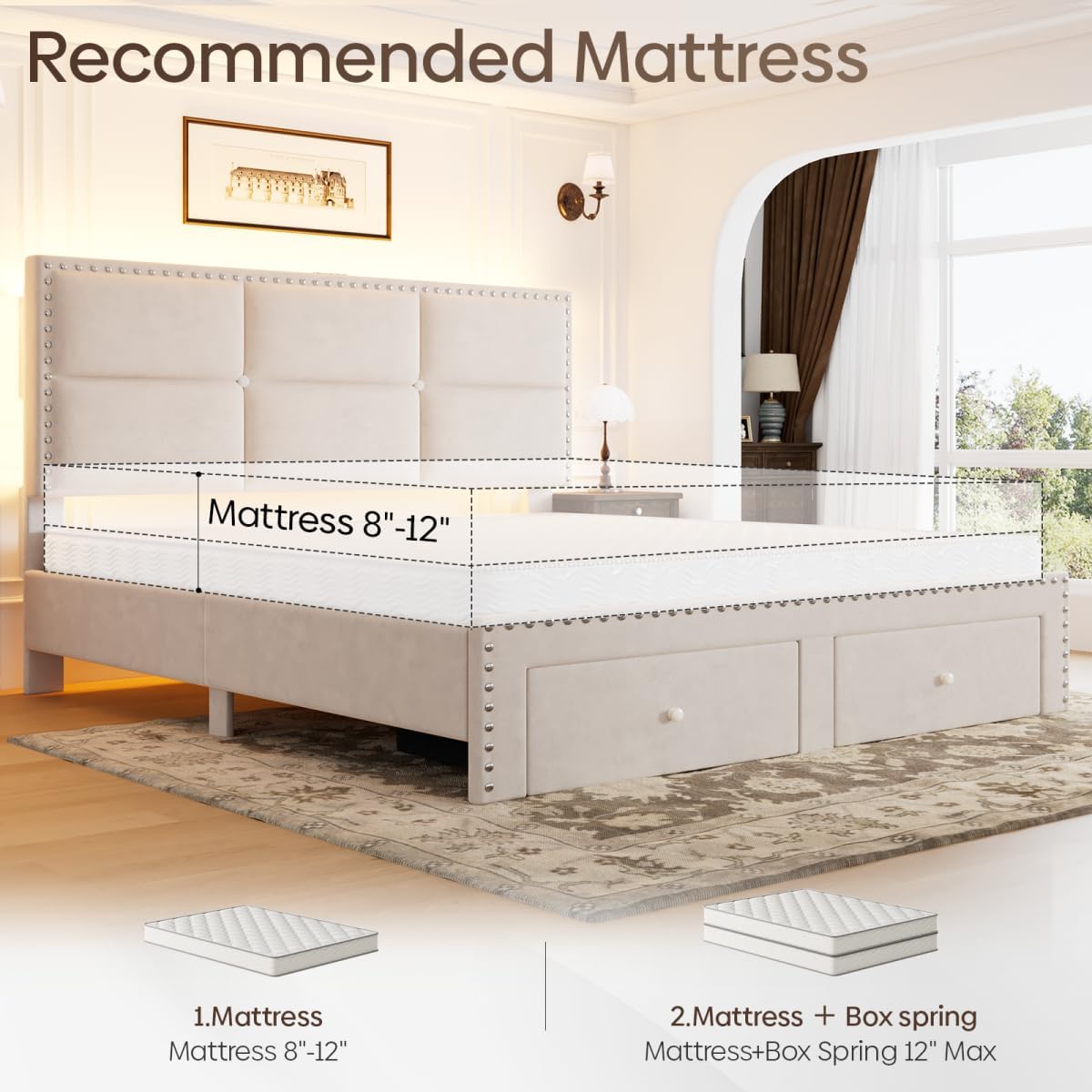 Queen Bed Frame with 2 Storage Drawers, Velvet Upholstered Platform Bed Frame Queen Size with Charging Station, Noise-Free, Wooden Slats Support, Easy Assembly, White