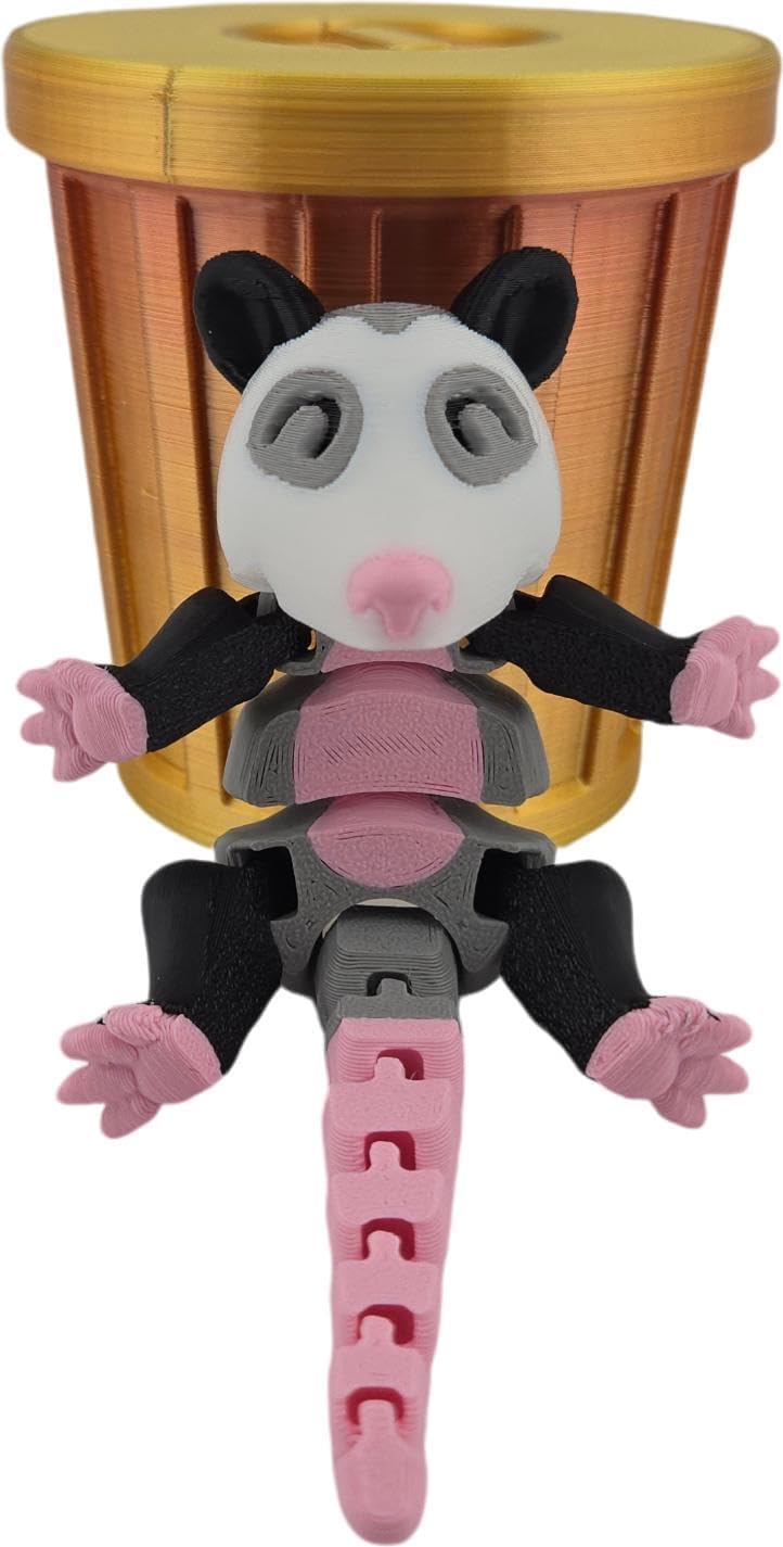 3D Printed Articulated Possum Figurine | Realistic Black, Grey, White, and Pink Colors | Adorable Desk Decor and Collectible Toy | Fidget (Possum with Trash Can)