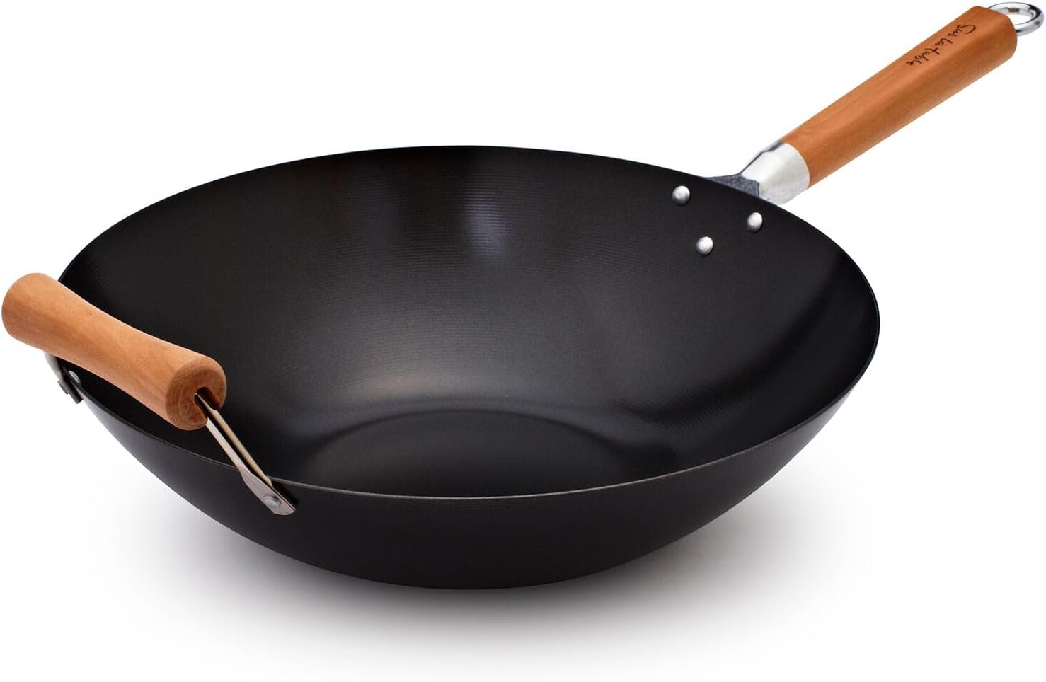 Wok antiadherente de acero con mango de arce 14 pulgadas miniatura 1