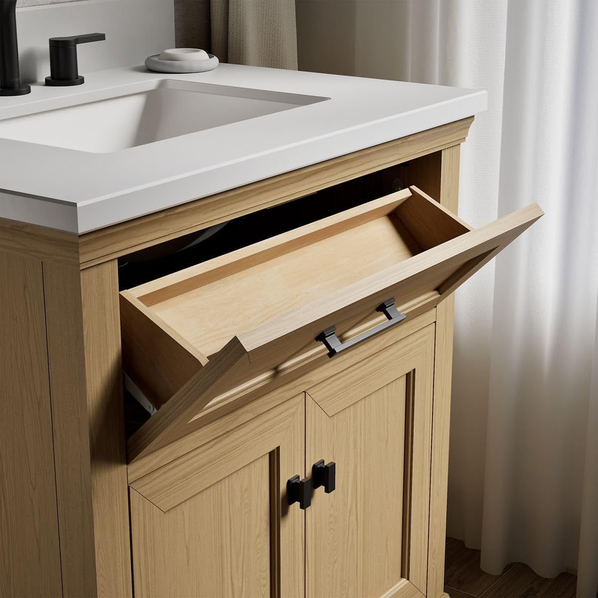 Kohler Charlemont 30" Bathroom Vanity Cabinet with White Sink and Quartz Top, Modern Bathroom Storage, Light Oak, K-29260-BD1-WEK
