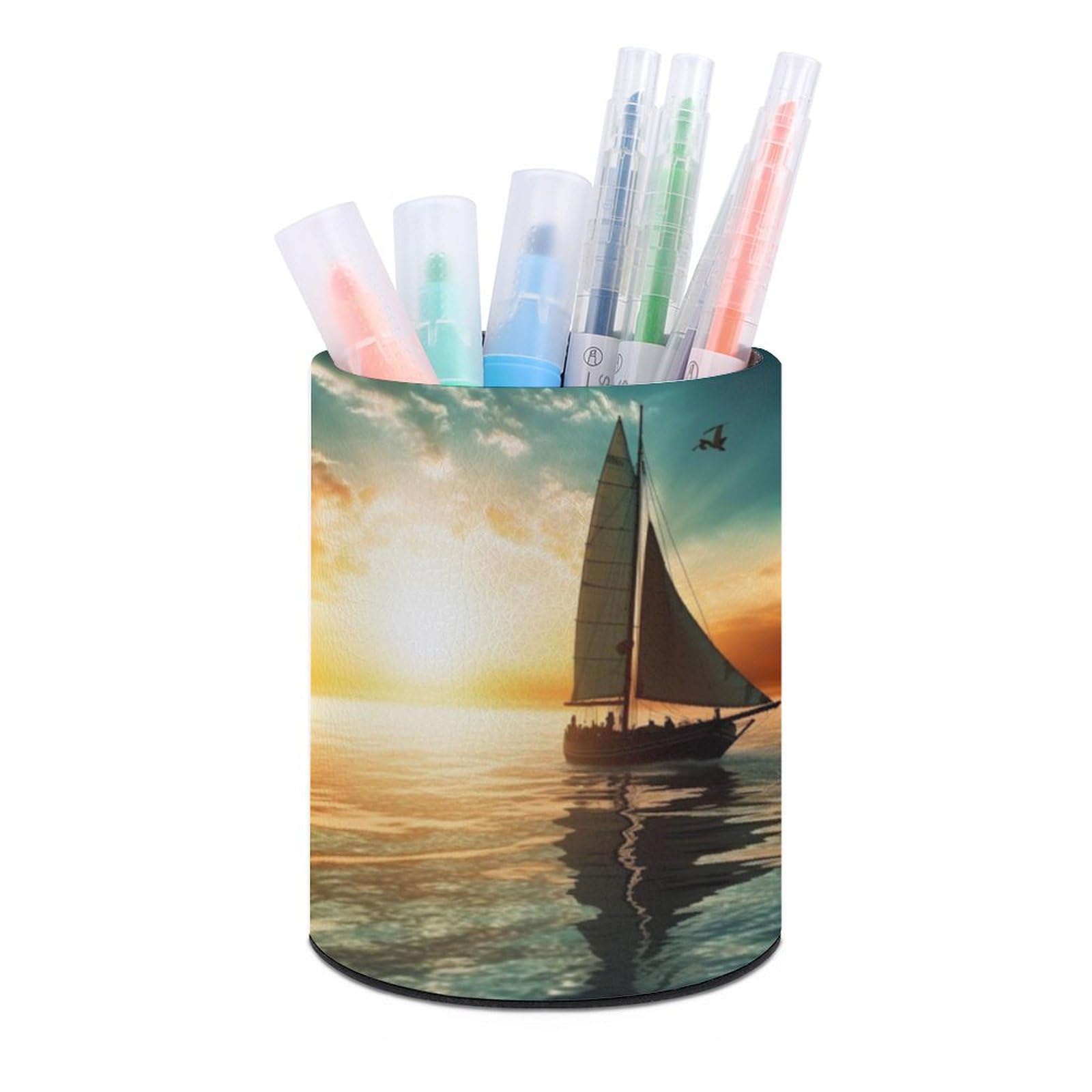 JTREHY Round Pen Holder,Boat on The Ocean Printed Makeup Brush Storage Box Desktop Stationery Storage Cup Office Accessories Storage Box Pencil Storage Box for Home Office Dressing Table