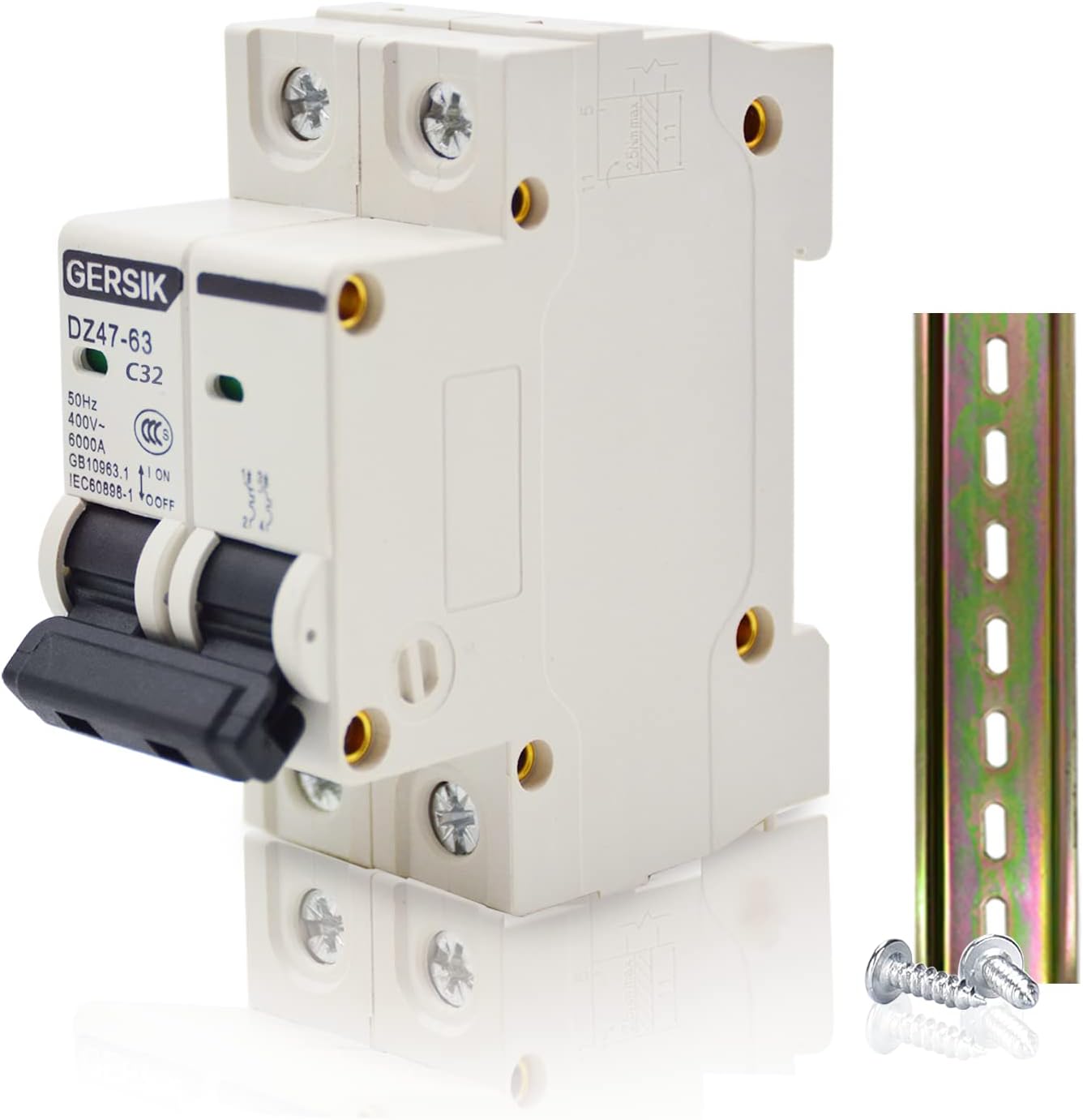 AC Miniature Circuit Breaker, 32 Amp 400V 2 Poles DIN Rail Mount Circuit Breaker, Thermal Magnetic Trip, Solar AC Disconnect Switch MCB C32