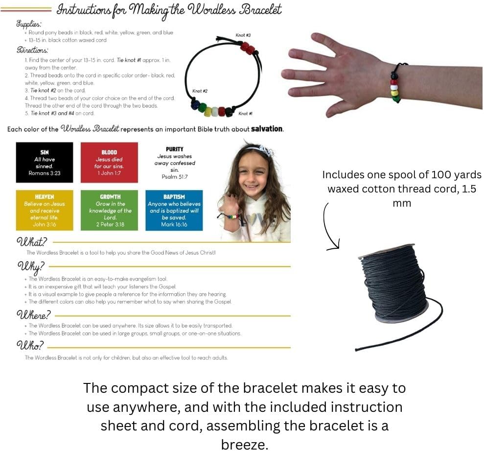 5,400 PCS Wordless Bracelet Kit- Black, White, Red, Green, Yellow, Blue Plastic Beads-6 Pack- 9mm Opaque 900 Count Each- 100 Yards Waxed Cotton Thread Cord