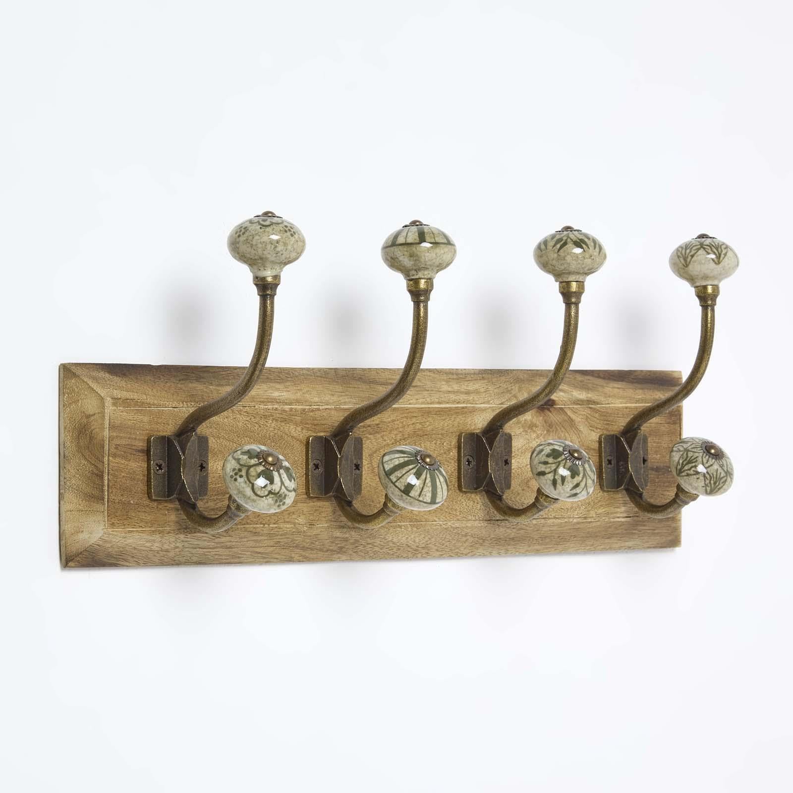 Homescapes Natural, Green Premium Coat Hooks Wall Mounted, Heavy Duty Hooks For Hanging, Elegant Green Stoneware, Sturdy & Strong Iron And Wood, Premium Coat Hangers For Scarves, Handbags, Keys & Pet Accessories