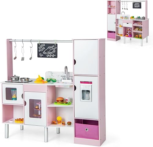 Costzon Juego de cocina 2 en 1 para niños y tienda de comestibles, cocina de juego de simulación de doble cara con luz y sonido, máquina de hielo,