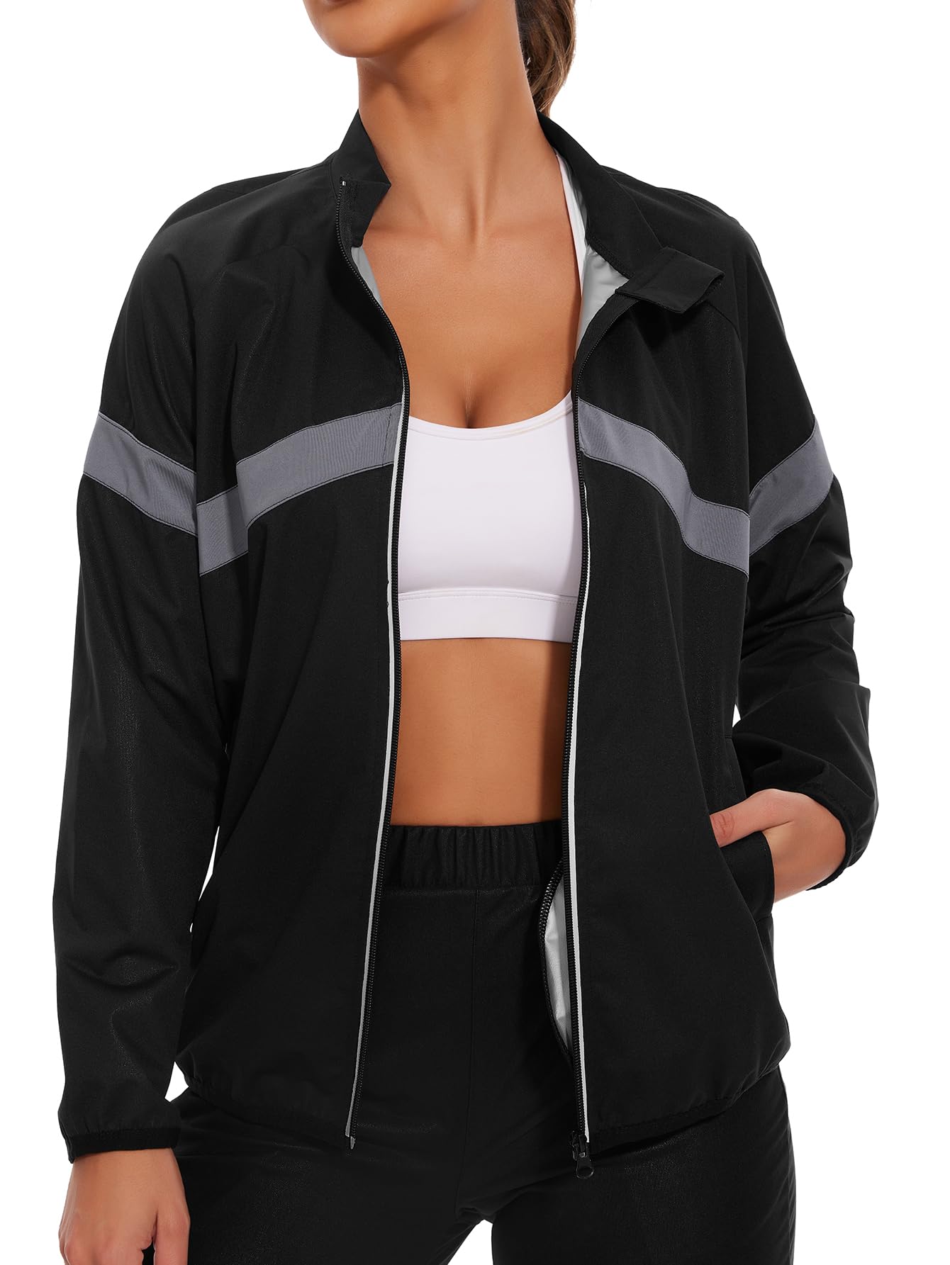 NINGMI Women Sauna Jackets Sweat Suit Long Sleeve Zipper with Hood Sauna Shirt Body Shaper Top Workout Gym Exercise