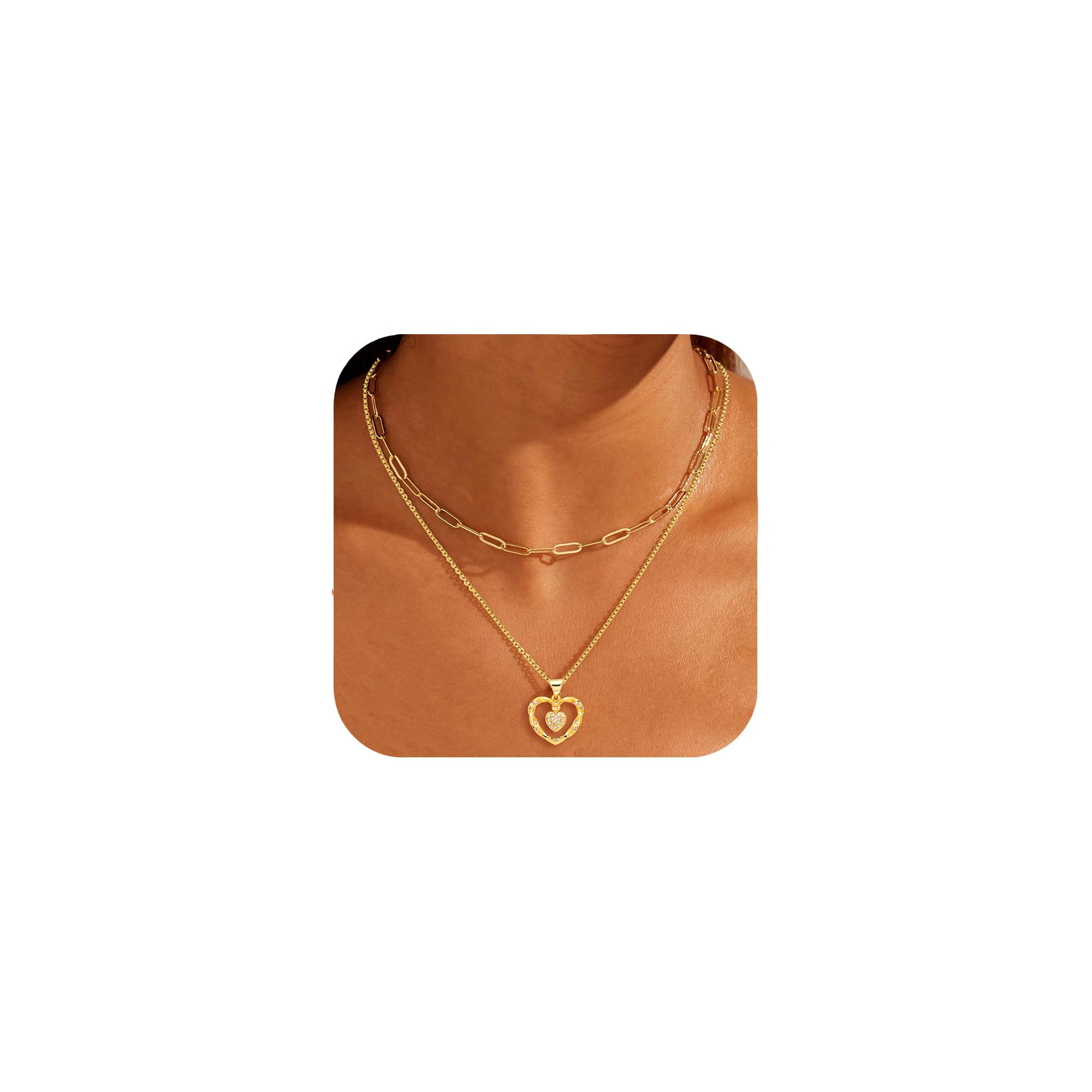 Atgdluk® Layered Gold Necklace for Women, Stackable Dainty Love Heart Chain Necklace Charm Necklace Paperclip Pendant Choker Necklaces Trendy Gold