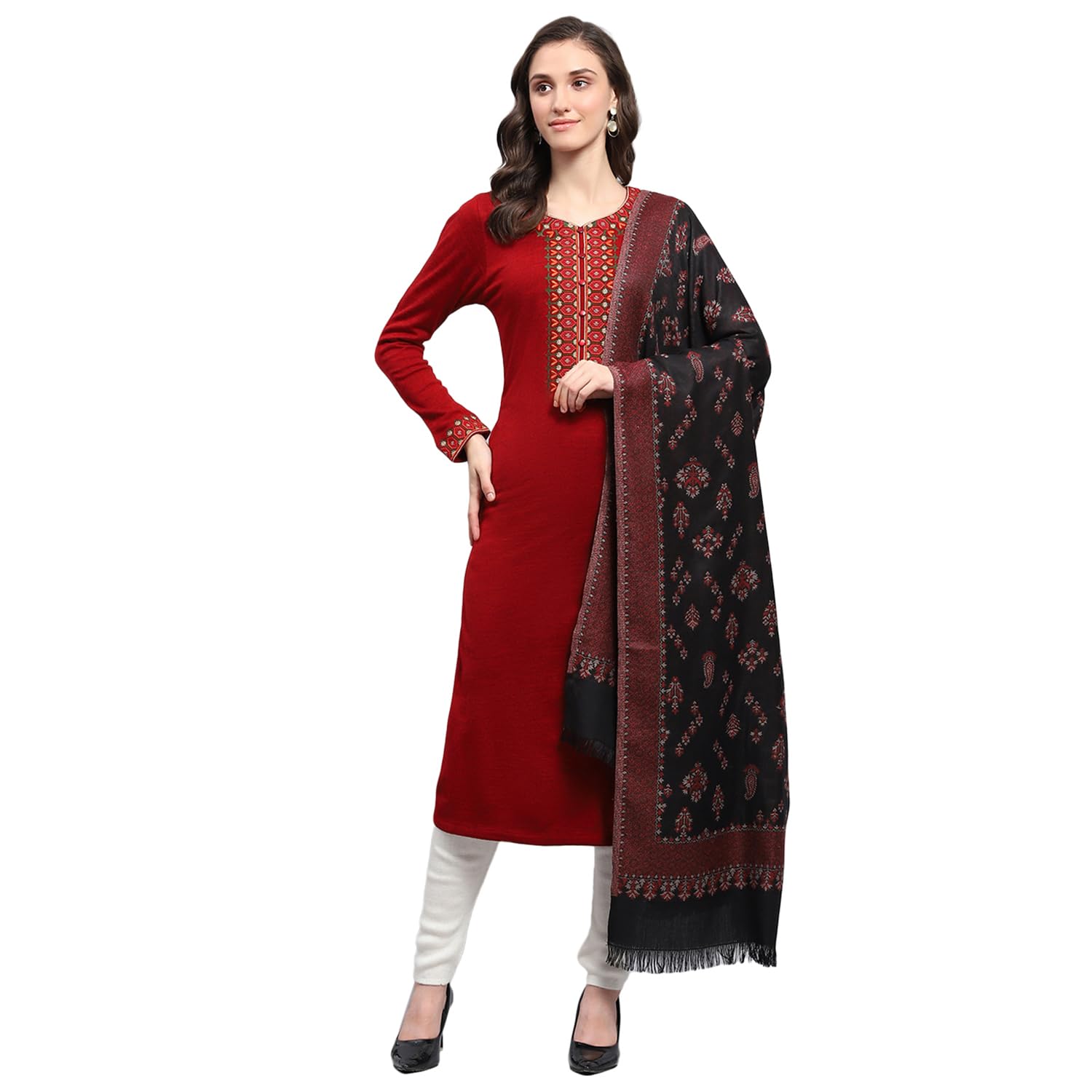 Womens Self Design Red Shawl-image-1
