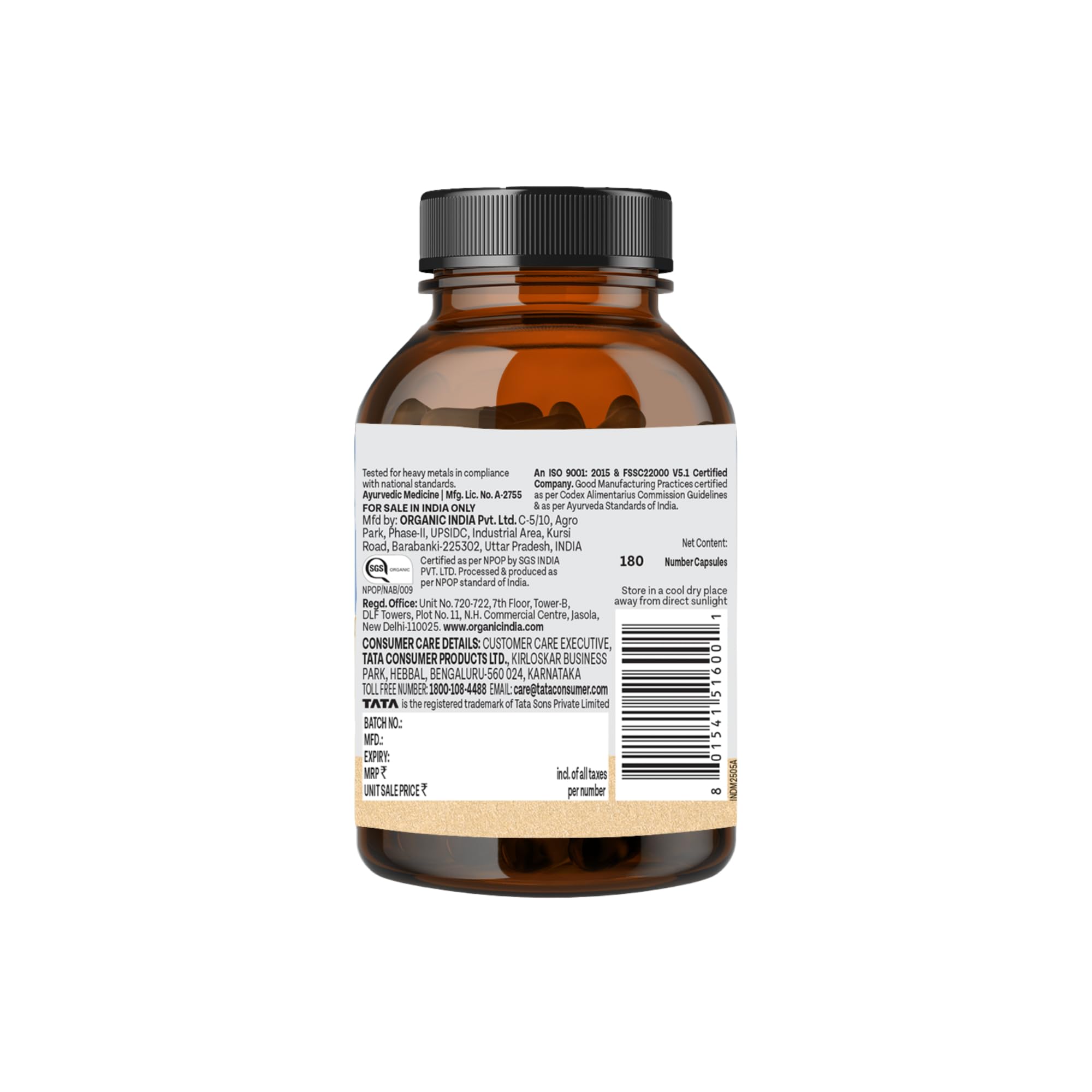 A TATA Product - Organic India Bowelcare - 180 Veg Capsules, Helps Relieve Constipation, Hyperacidity & IBS, Clean & Lubricate Bowel, Normalizes Digestion & Elimination, GMP & NPOP Certified Organic