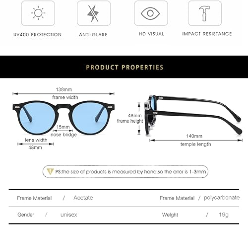 Miniatura 5 de Gleyemor Gafas de sol polarizadas vintage para hombre, gafas de sol redondas con protección UV400, marco de acetato retro hecho a mano